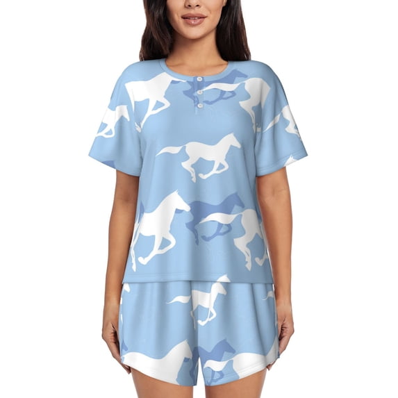 Womens Pajama Sets With Pocket, Simple Cool Horse Blue And White Lounge Sets Short Sleeve Sleepwear PJ Sets for Women