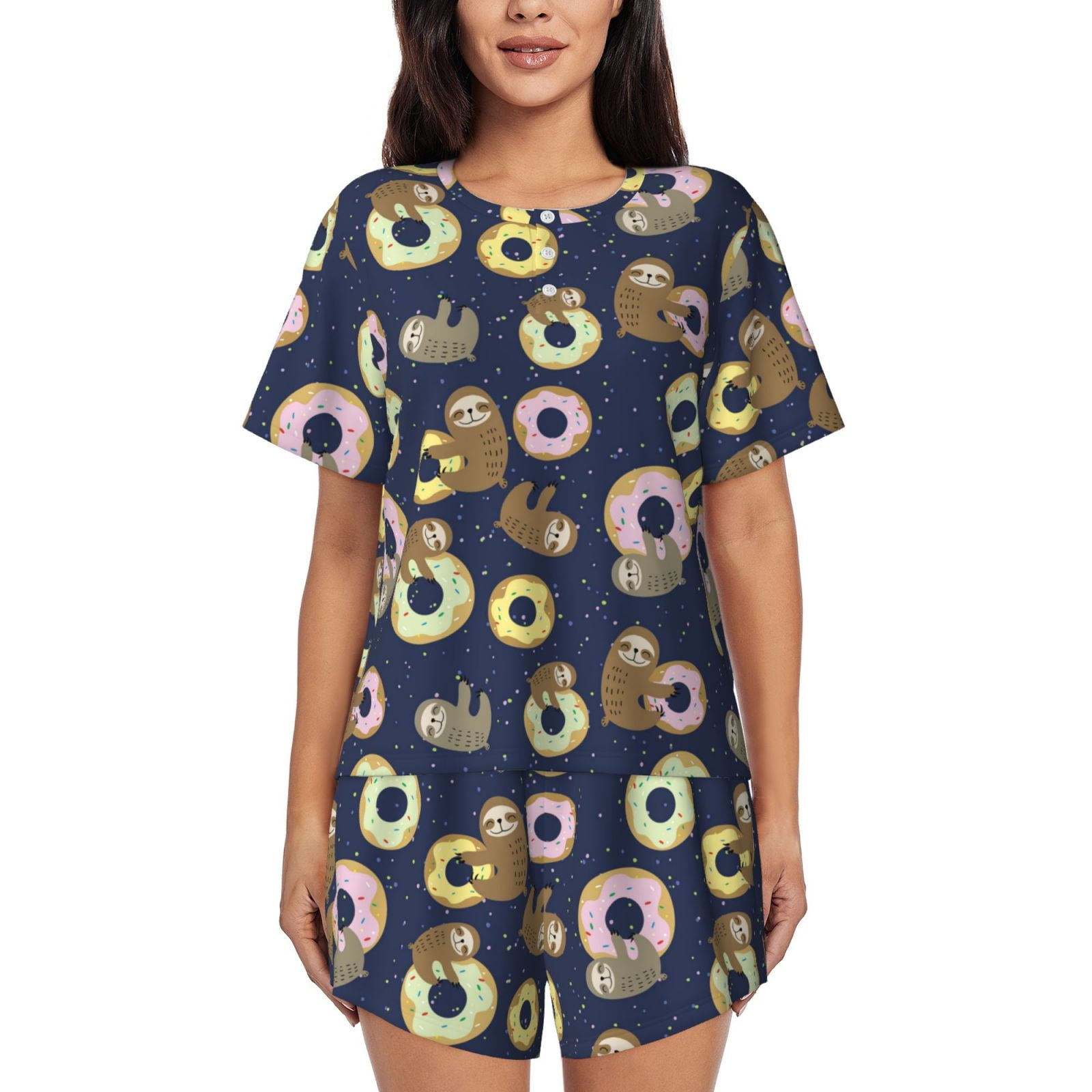 Womens Pajama Sets With Pocket, Sloth with Donuts Lounge Sets Short ...
