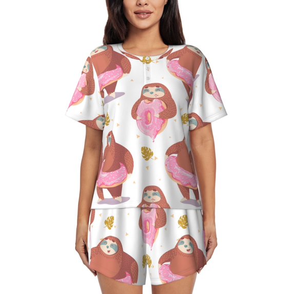 Womens Pajama Sets With Pocket, Sloth with Donuts1 Lounge Sets Short Sleeve Sleepwear PJ Sets for Women