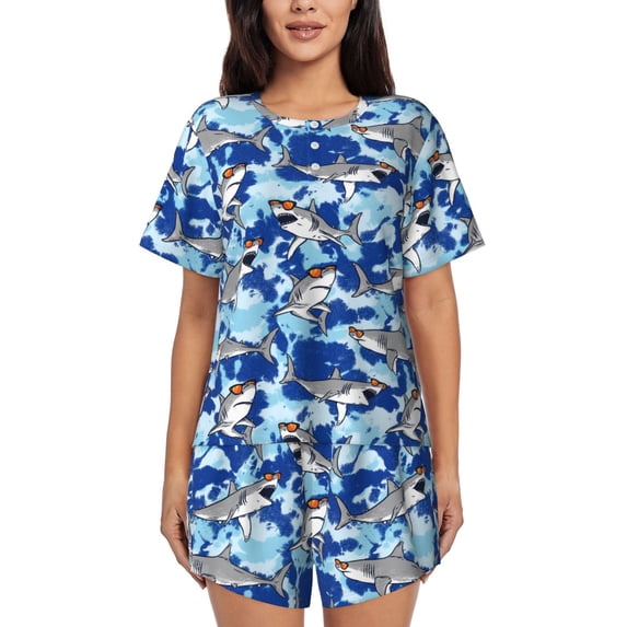 Womens Pajama Sets With Pocket, Spectacled Great White Shark Lounge Sets Short Sleeve Sleepwear PJ Sets for Women
