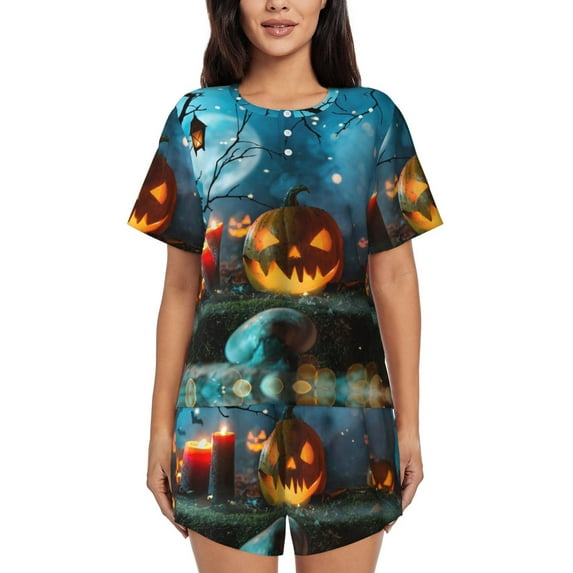 Womens Pajama Sets With Pocket, Spooky Halloween Lounge Sets Short Sleeve Sleepwear PJ Sets for Women