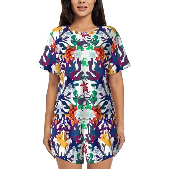 Womens Pajama Sets With Pocket, Starfish And Turtle Lounge Sets Short Sleeve Sleepwear PJ Sets for Women