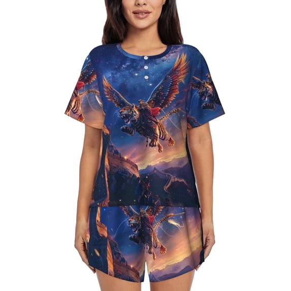 Womens Pajama Sets With Pocket, Starry Sky Flying Tiger Lounge Sets Short Sleeve Sleepwear PJ Sets for Women