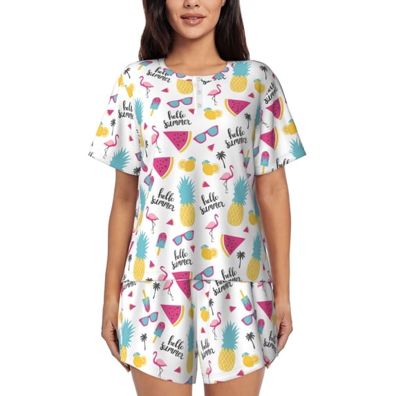 Womens Pajama Sets With Pocket, Summer Bird Pineapple Lounge Sets Short Sleeve Sleepwear PJ Sets for Women