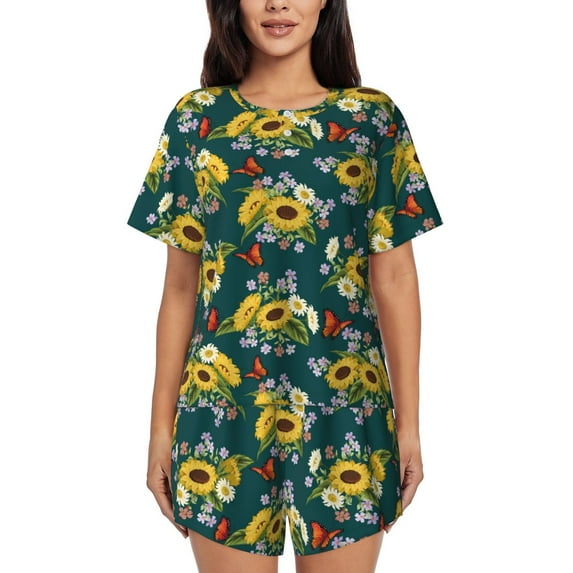 Womens Pajama Sets With Pocket, Sunflowers Daisy Butterfly Lounge Sets Short Sleeve Sleepwear PJ Sets for Women