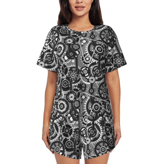 Womens Pajama Sets With Pocket, Traditional gear Pattern Lounge Sets Short Sleeve Sleepwear PJ Sets for Women
