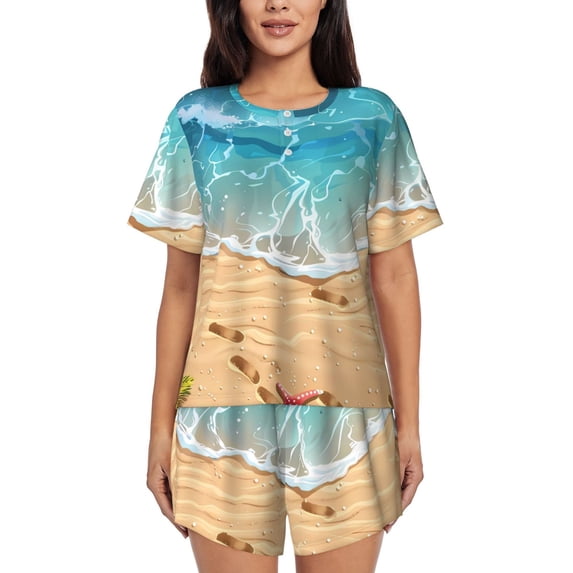 Womens Pajama Sets With Pocket, Tropical Beach With Starfish Lounge Sets Short Sleeve Sleepwear PJ Sets for Women