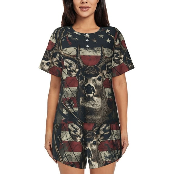 Womens Pajama Sets With Pocket, USA Flag Deer Art Lounge Sets Short Sleeve Sleepwear PJ Sets for Women