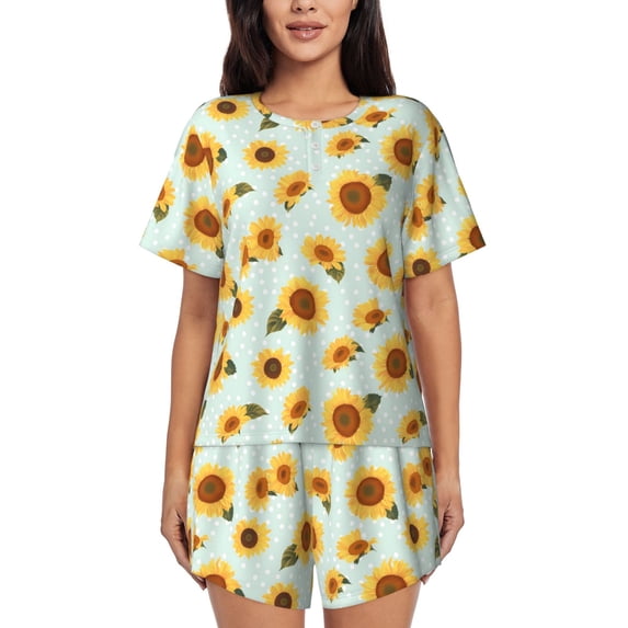 Womens Pajama Sets With Pocket, Vintage White Polka Dot Sunflower Lounge Sets Short Sleeve Sleepwear PJ Sets for Women