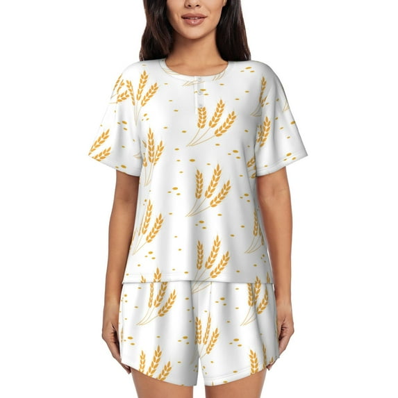 Womens Pajama Sets With Pocket, Wheat Lounge Sets Short Sleeve Sleepwear PJ Sets for Women