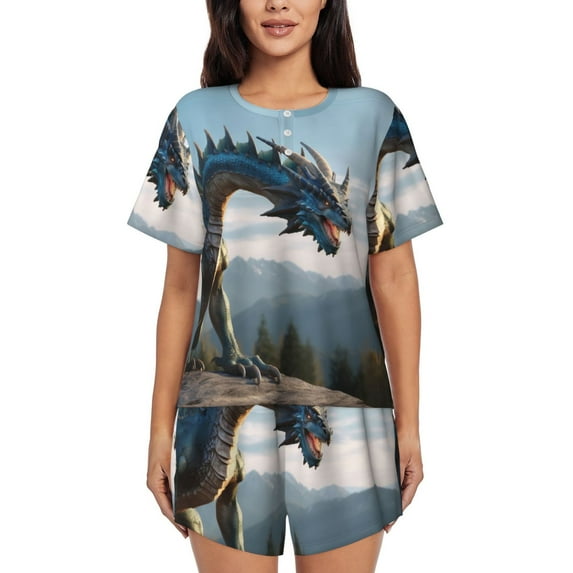 Womens Pajama Sets With Pocket, Wild Blue Cool Dragon Lounge Sets Short Sleeve Sleepwear PJ Sets for Women
