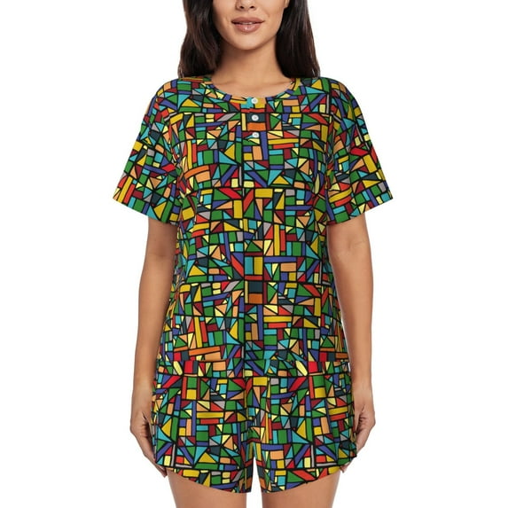 Womens Pajama Sets With Pocket, abstract colorful print B Lounge Sets Short Sleeve Sleepwear PJ Sets for Women