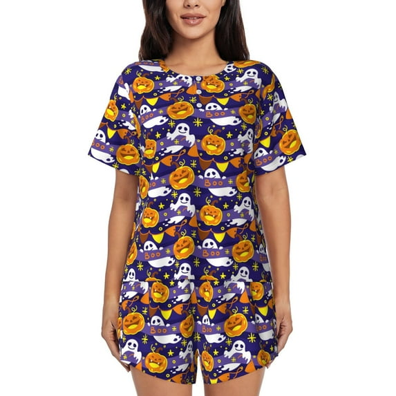 Womens Pajama Sets With Pocket, cartoon halloween pumpkin Lounge Sets Short Sleeve Sleepwear PJ Sets for Women