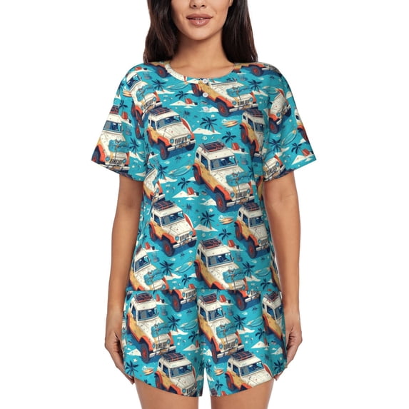 Womens Pajama Sets With Pocket, coconut tree travel SUV Lounge Sets Short Sleeve Sleepwear PJ Sets for Women