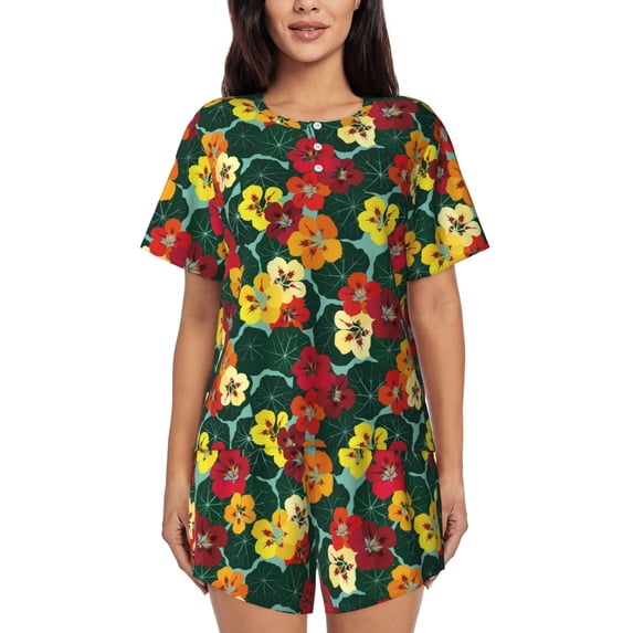 Womens Pajama Sets With Pocket, colorful flowers_B Lounge Sets Short Sleeve Sleepwear PJ Sets for Women