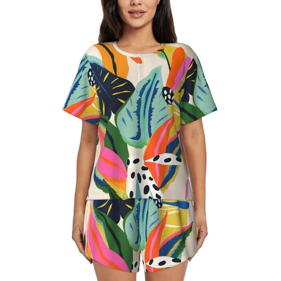 Womens Pajama Sets With Pocket, floral jungle pattern Lounge Sets Short Sleeve Sleepwear PJ Sets for Women
