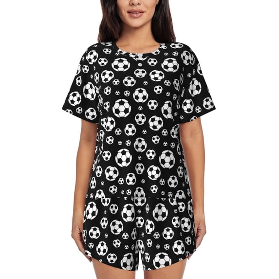 Womens Pajama Sets With Pocket, black soccer ball Football Lounge Sets Short Sleeve Sleepwear PJ Sets for Women