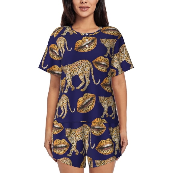 Womens Pajama Sets With Pocket, funny lip Leopard print blue Lounge Sets Short Sleeve Sleepwear PJ Sets for Women