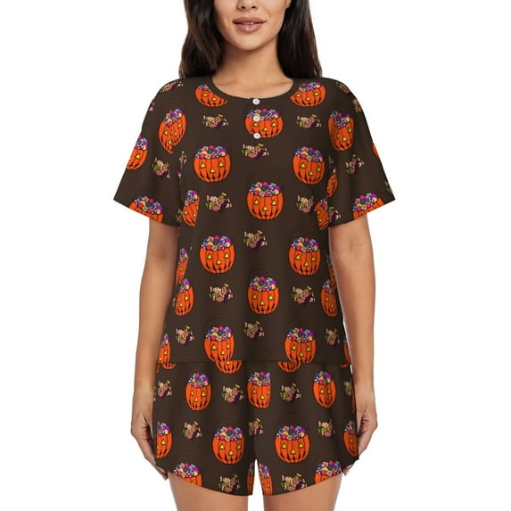Womens Pajama Sets With Pocket, halloween candy pumpkins Lounge Sets Short Sleeve Sleepwear PJ Sets for Women