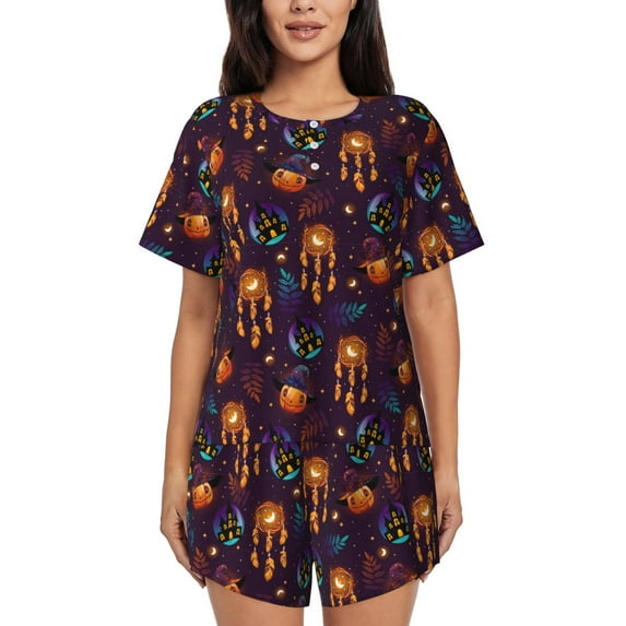 Womens Pajama Sets With Pocket, halloween pumpkin Patterns Lounge Sets Short Sleeve Sleepwear PJ Sets for Women