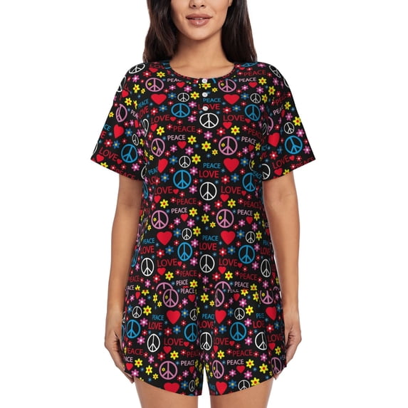 Womens Pajama Sets With Pocket, peace sign love flower heart Lounge Sets Short Sleeve Sleepwear PJ Sets for Women