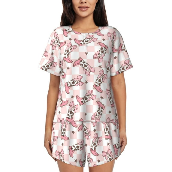 Womens Pajama Sets With Pocket, pink checkerboard cowgirl boots Lounge Sets Short Sleeve Sleepwear PJ Sets for Women