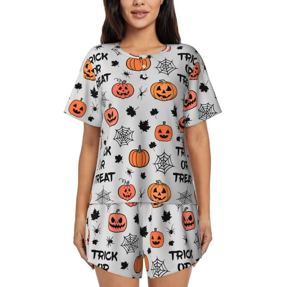 Womens Pajama Sets With Pocket, pumpkin halloween cartoon Lounge Sets Short Sleeve Sleepwear PJ Sets for Women