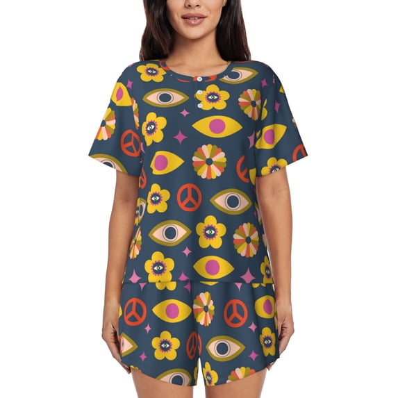 Womens Pajama Sets With Pocket, retro flowers Lounge Sets Short Sleeve Sleepwear PJ Sets for Women