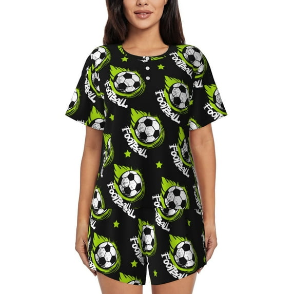 Womens Pajama Sets With Pocket, soccer football ball cool black Lounge Sets Short Sleeve Sleepwear PJ Sets for Women