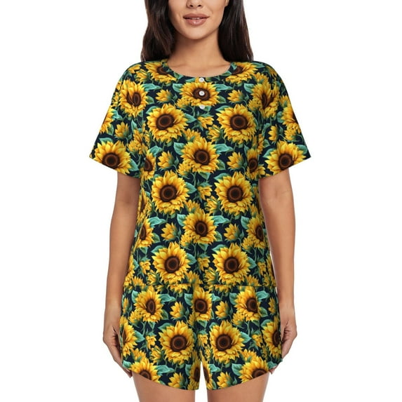 Womens Pajama Sets With Pocket, vintage Sunflowers Aesthetic cute Lounge Sets Short Sleeve Sleepwear PJ Sets for Women