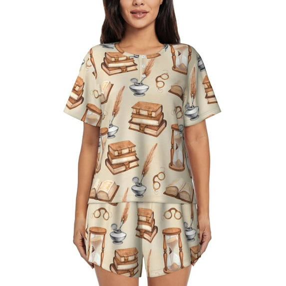Womens Pajama Sets With Pocket, vintage books glasses sand hourglass Lounge Sets Short Sleeve Sleepwear PJ Sets for Women
