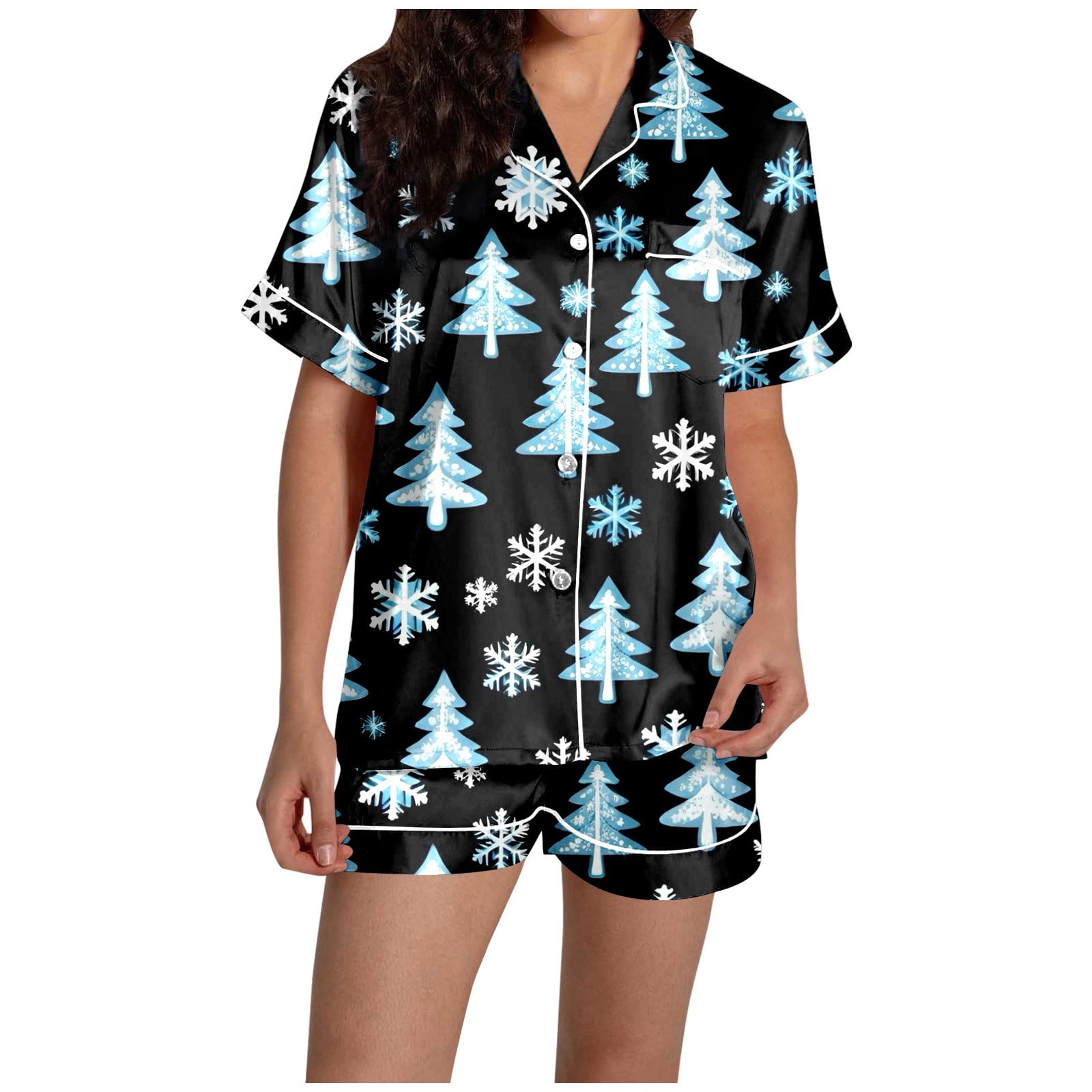 Womens Pajama Sets Women Casual Button Down Christmas Print Pajama
