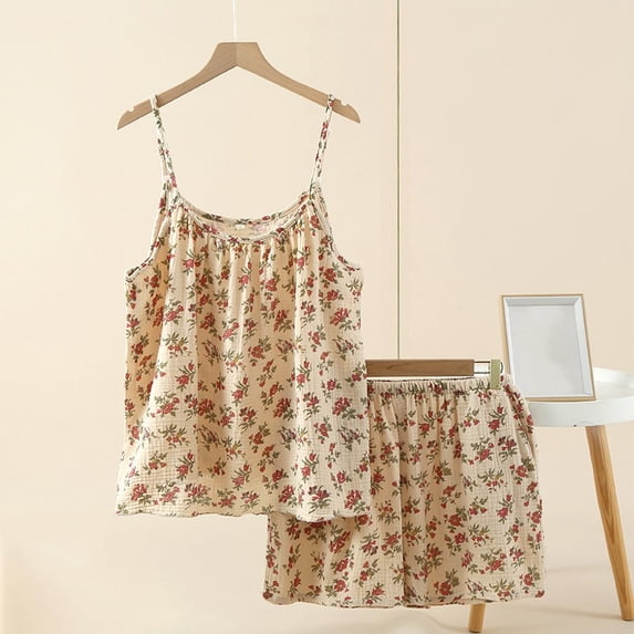 Womens Pajama Sets Womens Cotton Pajama Set Printed Set Spaghetti Strap Top and Shorts Loungewear