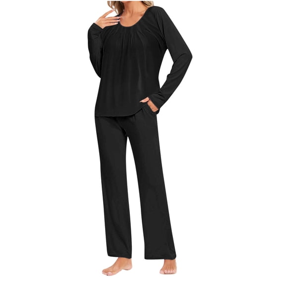 Womens Pajama Sets for Women 2 Piece Long Sleeve Top And Wide Leg Pants Solid Color Soft Comfy Loungewear Suitset,Black,XL