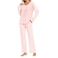 thumbnail image 1 of Womens Pajama Sets for Women 2 Piece Long Sleeve Top And Wide Leg Pants Solid Color Soft Comfy Loungewear Suitset,Pink,2XL, 1 of 4