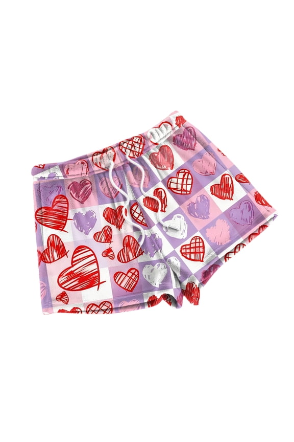 Womens Pajama Shorts Heart Print Flannel Bottoms Drawstring Waist Lounge Casual Comfy Spring Sleep Shorts 2025 M Polyester