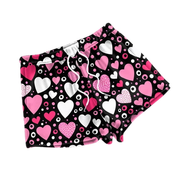 Womens Pajama Shorts Heart Print Flannel Bottoms Drawstring Waist Lounge Casual Comfy Spring Sleep Shorts 2025 S Polyester