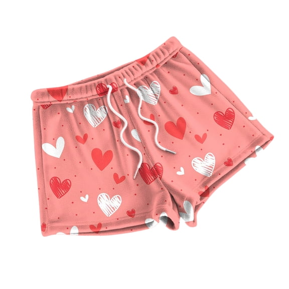Womens Pajama Shorts Heart Print Flannel Bottoms Drawstring Waist Lounge Casual Comfy Spring Sleep Shorts S Polyester