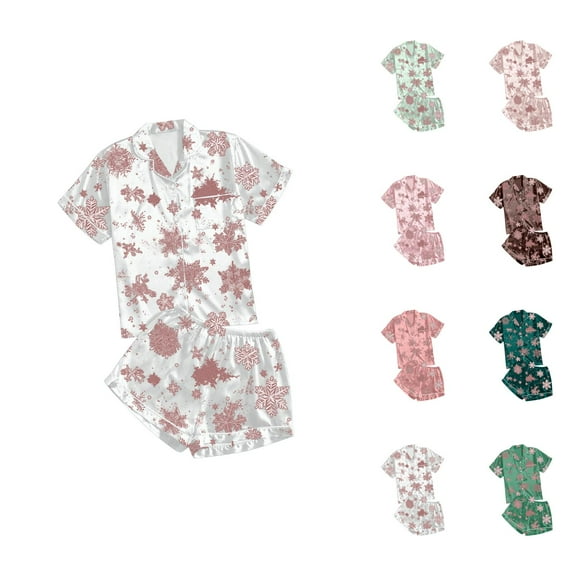 Womens Pajama Shorts – Lightweight Summer Pajama Set for Home Women's Casual Printed Pyjama Set Silk Satin Short Sleeve Button Down Top And Shorts Set