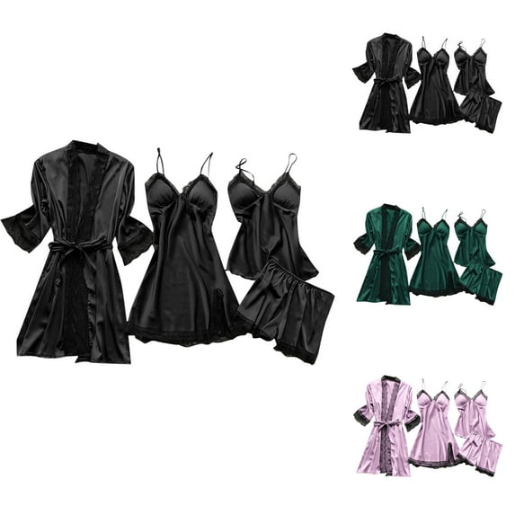 Womens Pajama Shorts – Lightweight Summer Sleep Set Women Satin Lace Sexy Suspenders Nightgown Robe Pajama Pants Home Clothes With Chest Pad Light Four Piece Set