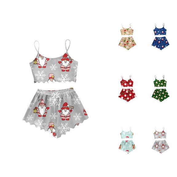 Womens Pajama Shorts Set – Comfy Vacation Wear Women's Snowman Print Sleeveless Vest & Shorts Set Lightweight Sleepwear Two Piece