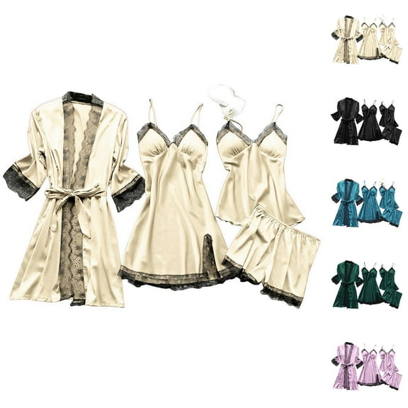Womens Pajama Shorts Set – Cute Summer Style Women Satin Lace Sexy Suspenders Nightgown Robe Pajama Pants Home Clothes With Chest Pad Light Four Piece Set