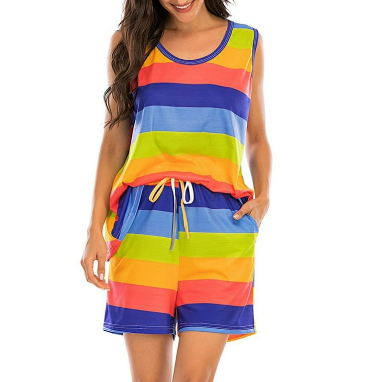 Womens Pajama Shorts Sets Sleeveless Tank Top and Shorts Pj Set Striped Print Loose Soft Sleepwear Casual Plus Size Loungewear Set S 5XL Walmart
