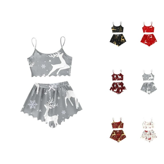 Womens Pajama Shorts – Summer Strappy Pajamas Set Women's Christmas Reindeer Print Sleeveless Top & Shorts Sleepwear Set 2 Piece Loungewear Pajamas