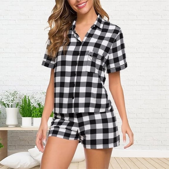Womens Pajama Soft Pajamas for Women Plaid Button down Sleepwear Short Sleeve Loungewear 2 Piece Outfit Cute Womens Fall Pajamas L