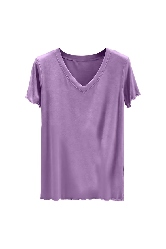 Womens Pajama Tops Loose Fit Lounge Casual Summer Short Sleeve V Neck T-shirts Soft Sleep Home Wear Solid Color (2XL, Purple)