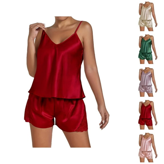 Womens Pajamas – 2 Piece Comfy Pajama Set for Sleep or Travel Women's Sexy V Neck Lace Hem Shorts Solid Color Pajama Pantsuit