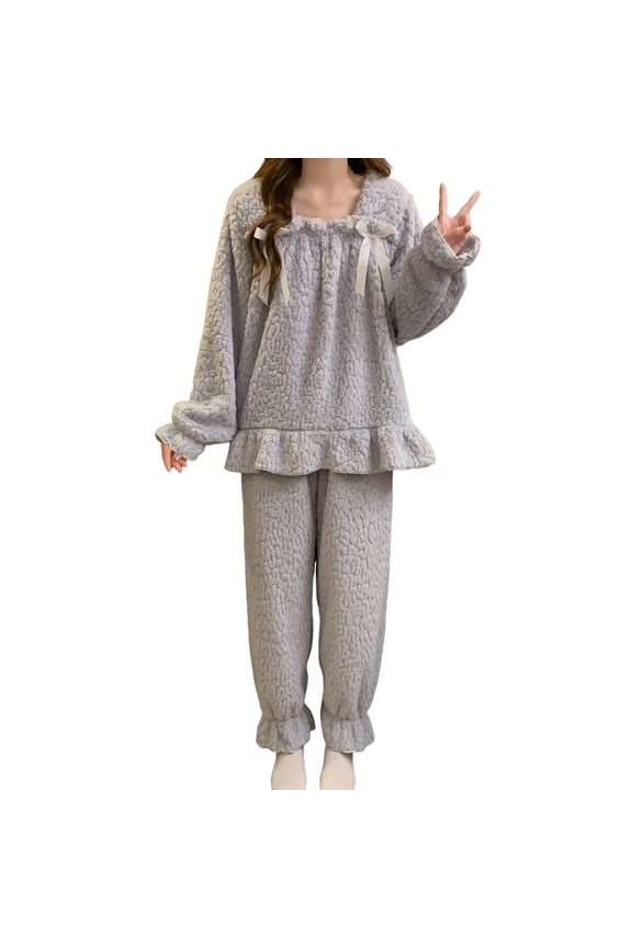 Womens Pajamas 2 Piece Fall Winter Flannel Sleepwear Printed Loungewear Thick Warm Cozy Pajamas Light Blue L
