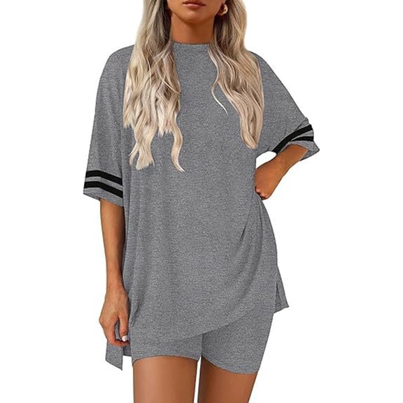 Womens Pajamas 2 Piece Lounge Set Casual Oversized Short Sleeve Tops Biker Shorts Set Comfy Pjs Outfits Gray M