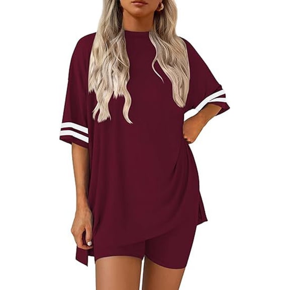 Womens Pajamas 2 Piece Lounge Set Casual Oversized Short Sleeve Tops Biker Shorts Set Comfy Pjs Outfits Wine S